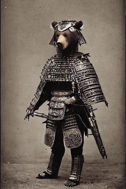 Prompt: “ grizzly bear in full ornate samurai armour, 1 9 0 0 ’ s photo ”