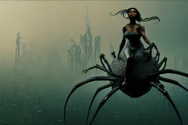 Image similar to realistic detailed photorealistic closeup portrait movie shot of a beautiful black woman riding a giant spider, dystopian city landscape background by denis villeneuve, amano, yves tanguy, alphonse mucha, ernst haeckel, edward robert hughes, roger dean, cyber necklace, rich moody colours, sci fi patterns, wide angle