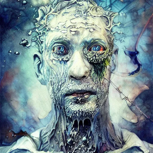 Image similar to mutant fishman sailor old man with gills and scales creatures from the deep ocean by emil melmoth zdzislaw beksinki craig mullins yoji shinkawa realistic render ominous detailed photo atmospheric by jeremy mann francis bacon and agnes cecile ink drips paint smears digital glitches glitchart