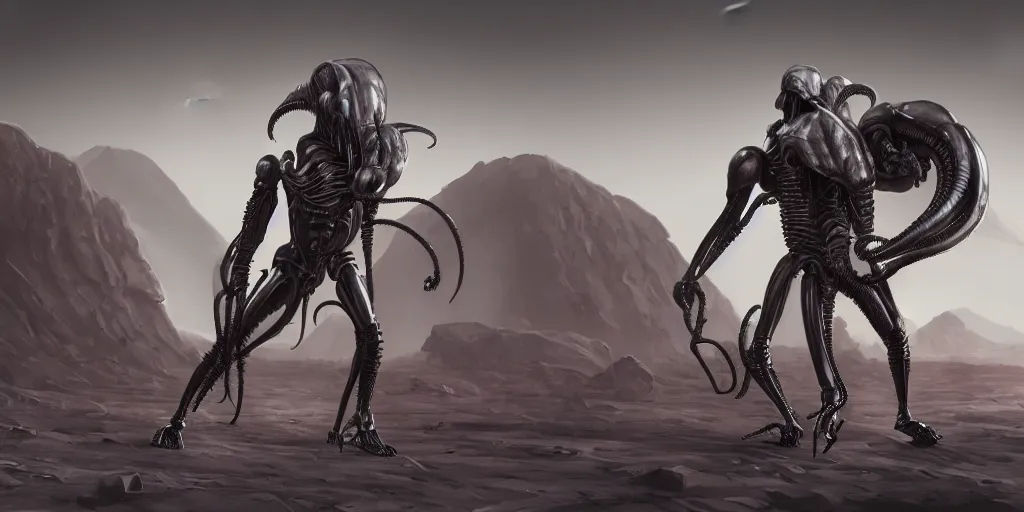 Image similar to single mono colossal android, in the background are xenomorphs, mars, artstation cinematic