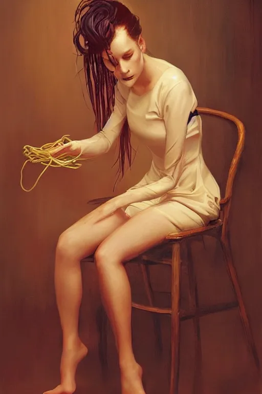 Image similar to a beautiful woman tied to a chair using spaghetti, a woman wrapped in spaghetti, painting by Charlie Bowater and Gerald Brom