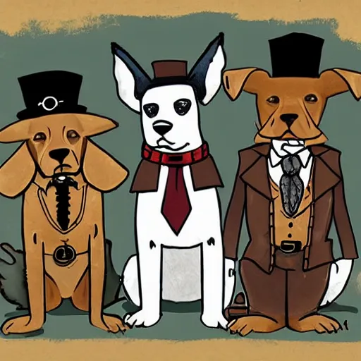 Prompt: portrait of a ragtag team of three dogs dressed as thieves in a dark haunted steampunk setting