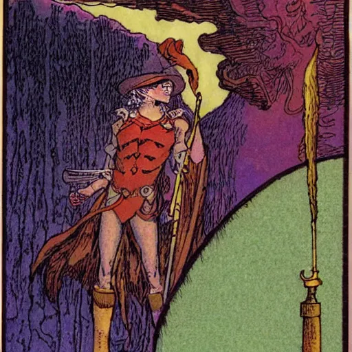 Image similar to the tarot card of the magician painted by moebius.