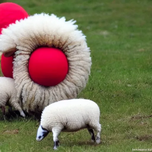 Image similar to sheep and seal playing together with a red ball