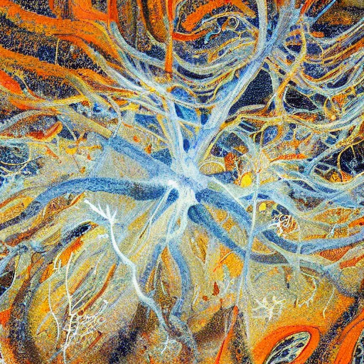 Prompt: a beautiful painting of a mycelium like neural networks under plowed land, magic but natural vibes, trending on artstation