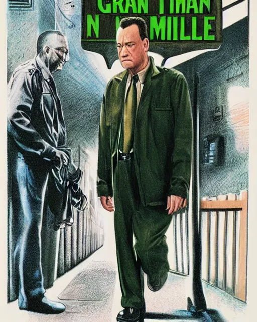 Prompt: tom hanks wearing prison guard uniform in the green mile, airbrush, drew struzan illustration art, key art, movie poster