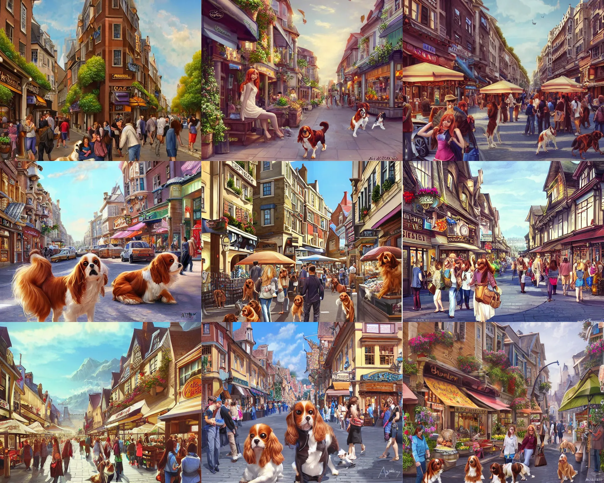Image similar to bustling city street, many cavalier king charles spaniel dogs, dogs everywhere, quaint market town, art by artgerm