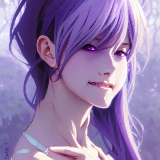 Image similar to anime girl with lavender hair, purple eyes and white dress, black jewellery, digital artwork, very beautiful face, pretty smile, extremely detailed art by greg rutkowski and alphonse mucha
