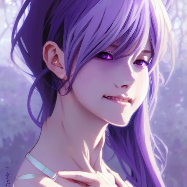 Prompt: anime girl with lavender hair, purple eyes and white dress, black jewellery, digital artwork, very beautiful face, pretty smile, extremely detailed art by greg rutkowski and alphonse mucha