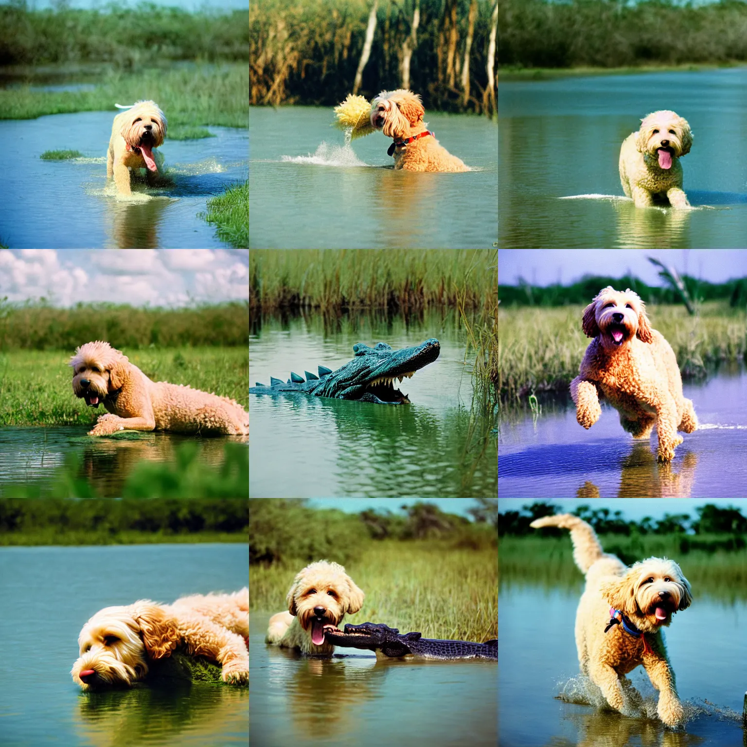 Prompt: cinestill of a blonde labradoodle biting an alligator in the everglades, action shot