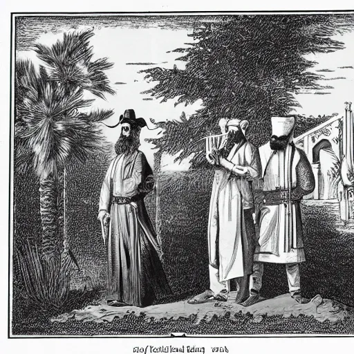 Prompt: bearded cowboy and persian emir standing in a palatial garden, persian folkore illustration