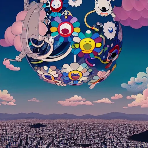 Image similar to a man walking on clouds away from the camera above kyoto by takashi murakami, beeple and james jean, aya takano color style, 4 k, super detailed, modern, 4 k, symmetrical