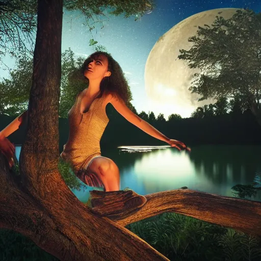 Prompt: A gorgeous woman dancing on a fallen tree in the moon light during the night, next to a lake with the reflection of the stars in it. Photorealistic render 8k