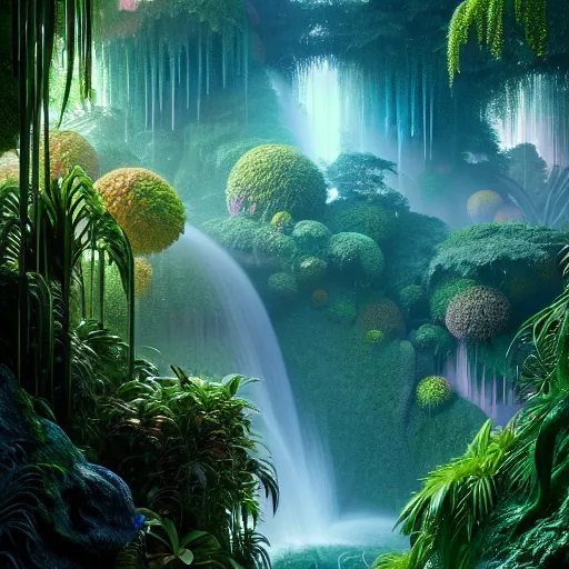 Image similar to iridescent opalescent landscape tropical forest, waterfall, : by michal karcz, daniel merriam, victo ngai and guillermo del toro : ornate, dynamic, particulate, intricate, elegant, highly detailed, centered, artstation, smooth, sharp focus, octane render