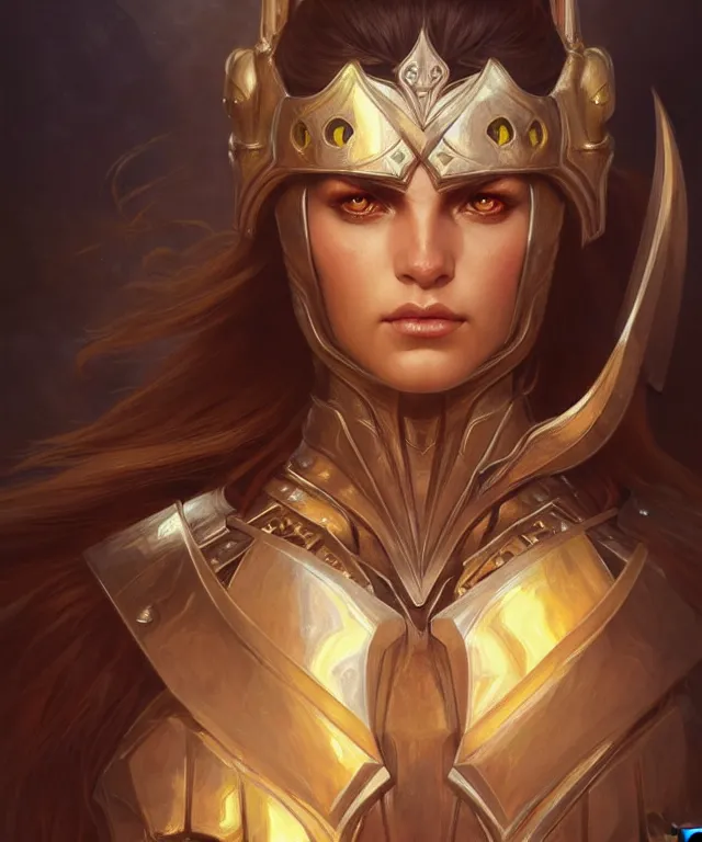 Image similar to Muscular and powerful medieval knight woman portrait, sci-fi, amber eyes, face, long hair, fantasy, intricate, elegant, highly detailed, digital painting, artstation, concept art, smooth, sharp focus, illustration, art by artgerm and greg rutkowski and alphonse mucha