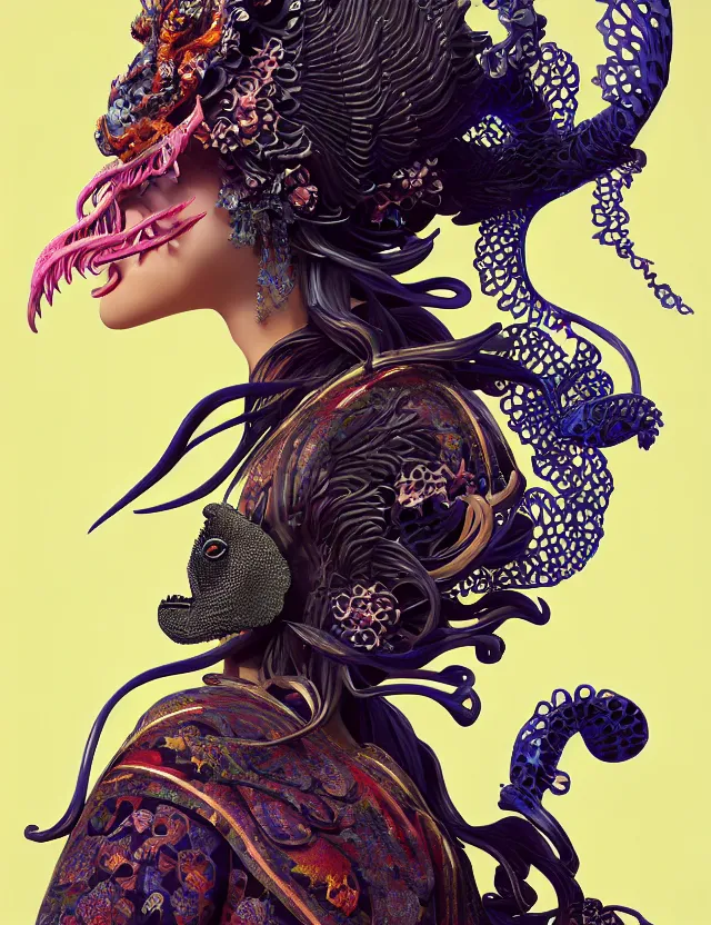 Image similar to 3 d goddess in robe close - up profile portrait with ram skull. beautiful intricately detailed japanese crow kitsune mask and clasical japanese kimono. betta fish, jellyfish phoenix, bio luminescent, plasma, ice, water, wind, creature, artwork by tooth wu and wlop and beeple and greg rutkowski