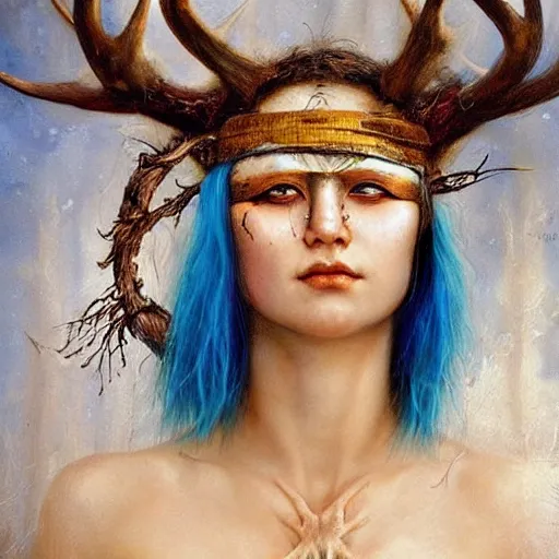 Image similar to A young female shaman blindfolded, blue hair and antlers on her head, blindfolded, heilung, made by karol bak