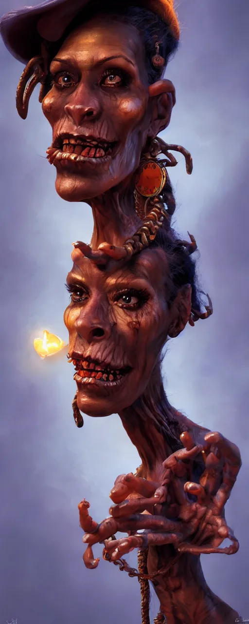 Image similar to A Concept art foreshortening portrait of the Voodoo Lady from Monkey Island videogame, cinematic lighting, highly detailed, realistic details, rendered in Octane, cgsociety, 4k post-processing highly detailed, realistic face, trending on artstation, by craig mullins. Steve Purcell.