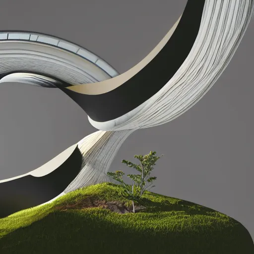 Prompt: biotech architecture in the form of a mobius strip on a mountain landscape, parts of the house hang as consoles in the form of lily petals, octane render, studio lighting, 8k, hd