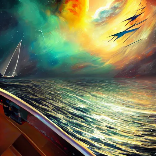 Prompt: beautiful digital painting of a yatch sailing through space, hyperdetailed, vivid colors, trending on Artstation