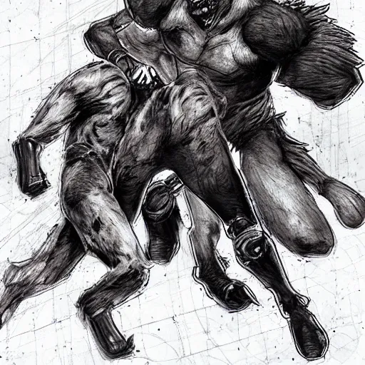 Image similar to a humanoid german shepherd beast - man wrestling with another german shepherd in the middle of an arena, pencil art, added detail, high definiton, colored, aerial viewyoji shinkawa