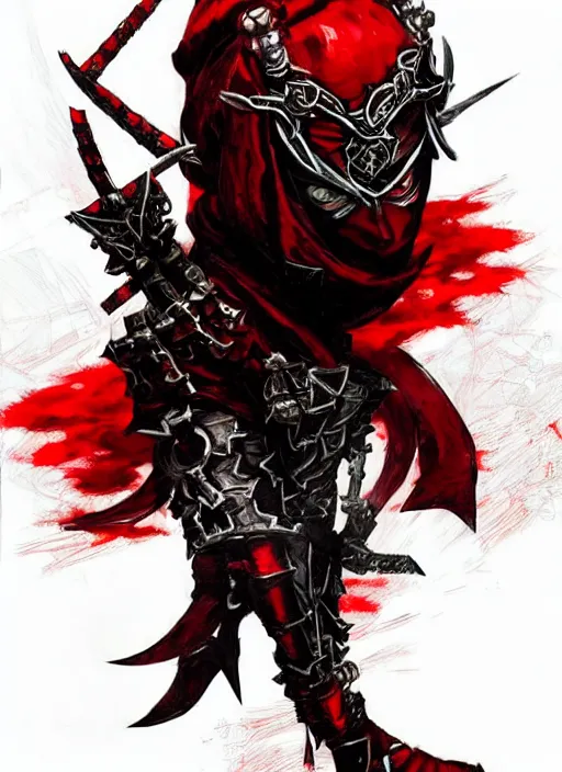 Prompt: Half body portrait of a menacing shinobi elf in scary red mask, ornate assassin attire. In style of Yoji Shinkawa and Hyung-tae Kim, trending on ArtStation, dark fantasy, great composition, concept art, highly detailed, dynamic pose.