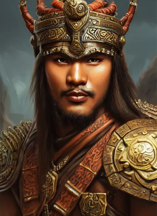 Image similar to smart tai warlord, closeup portrait, historical, ethnic group, sukhothai costume, bronze headset, fantasy, intricate, with leather armor cross on bare chest, tai body tattoo, elegant, loin cloth, highly detailed, oil painting, artstation, concept art, matte, sharp focus, illustration, hearthstone, art by earl norem