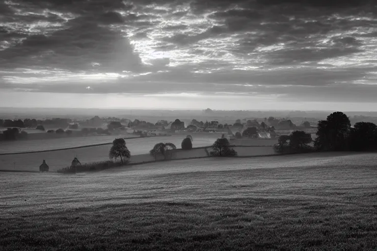 Image similar to A landscape photograph showing the city of Salisbury viewed from Old Sarum at sunrise, lighting by Albert Bierstadt, misty!!!, beautiful light, cinematic, morning light, dawn, English countryside, award winning photography, highly detailed, 24mm, fujifilm