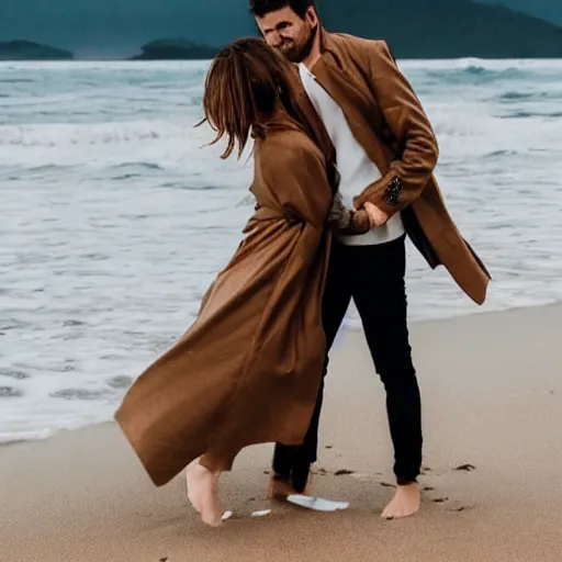 Image similar to zoom in photo of a man and woman, both wearing light brown trenchcoats, dancing together on a beach during cloudy weather, it ’ s night time