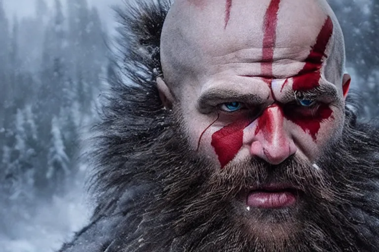 Image similar to vfx movie tough bald man in furs, natural grizzled skin, streaks of red face paint grey beard, dual wielding detailed viking war axes, in snowy tahoe, god of war by emmanuel lubezki