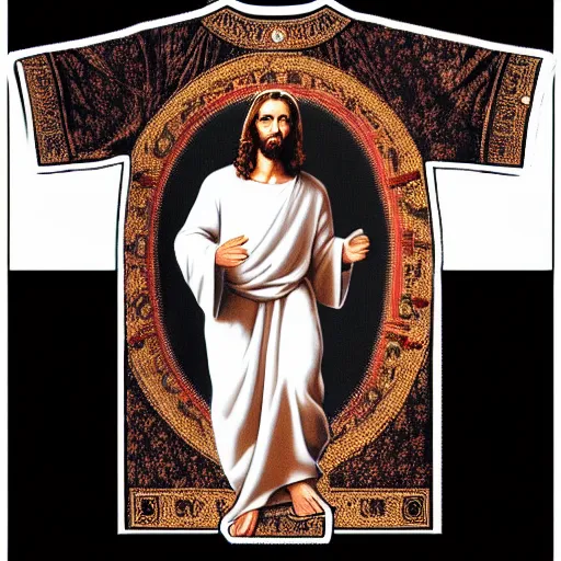 Image similar to a photo of a supreme t - shirt with an image of jesus on it, 4 k, highly detailed