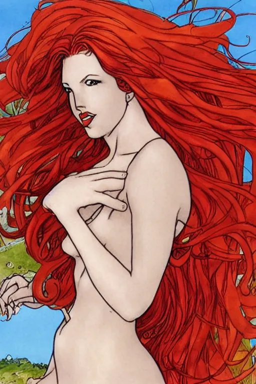 Prompt: aphrodite with long red hair, windy hair, art by Milo Manara