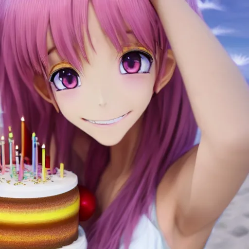 Image similar to Render of a beautiful 3d anime woman holding a birthday cake to show the camera, long light pink hair, full bangs, hazel eyes, cute freckles, full round face, smug smile, Chinese heritage, cute checkerboard sundress, golden hour, serene beach setting, medium shot, mid-shot, hyperdetailed, trending on Artstation, Unreal Engine 4k