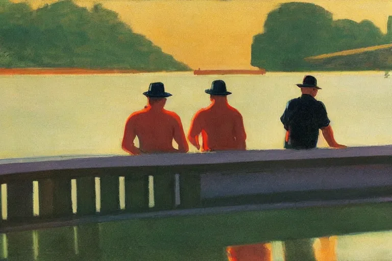 Image similar to mid - thirties guys binge drinking in front of a lake, in the style of edward hopper