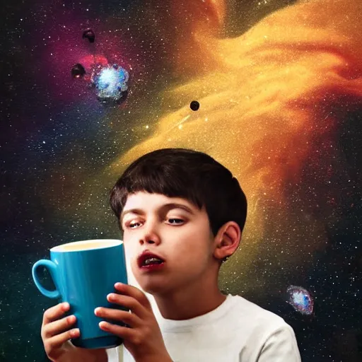 Image similar to a boy with dark eyes full of cosmic nebulae drowning in a roiling ocean of coffee spilling from a little coffee mug, nostalgic melancholic artwork