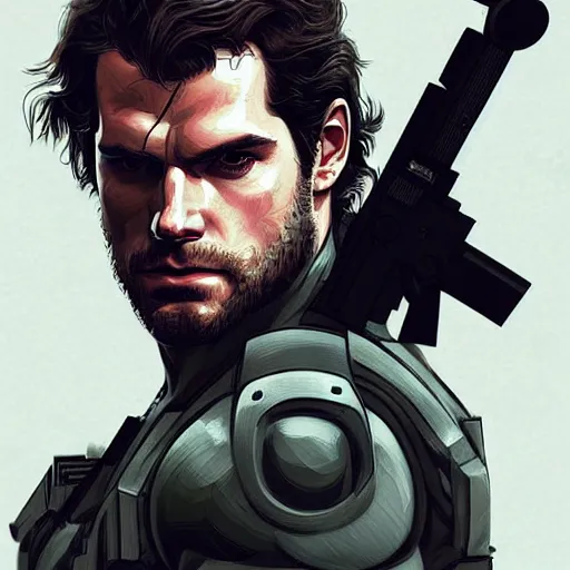 Image similar to portrait of henry cavill as solid snake, metal gear solid, upper body,, henry cavill!!!, fantasy, intricate, elegant, highly detailed, digital painting, artstation, concept art, smooth, sharp focus, illustration, art by artgerm and greg rutkowski and alphonse mucha