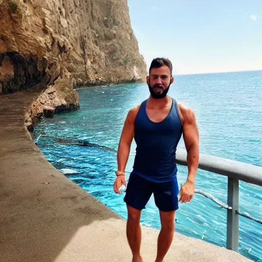 Image similar to 3 2 years old muscule man, short beard, carmel skin, platinum hair, scuba diver, wears navy blue tanktop, water dripping from body