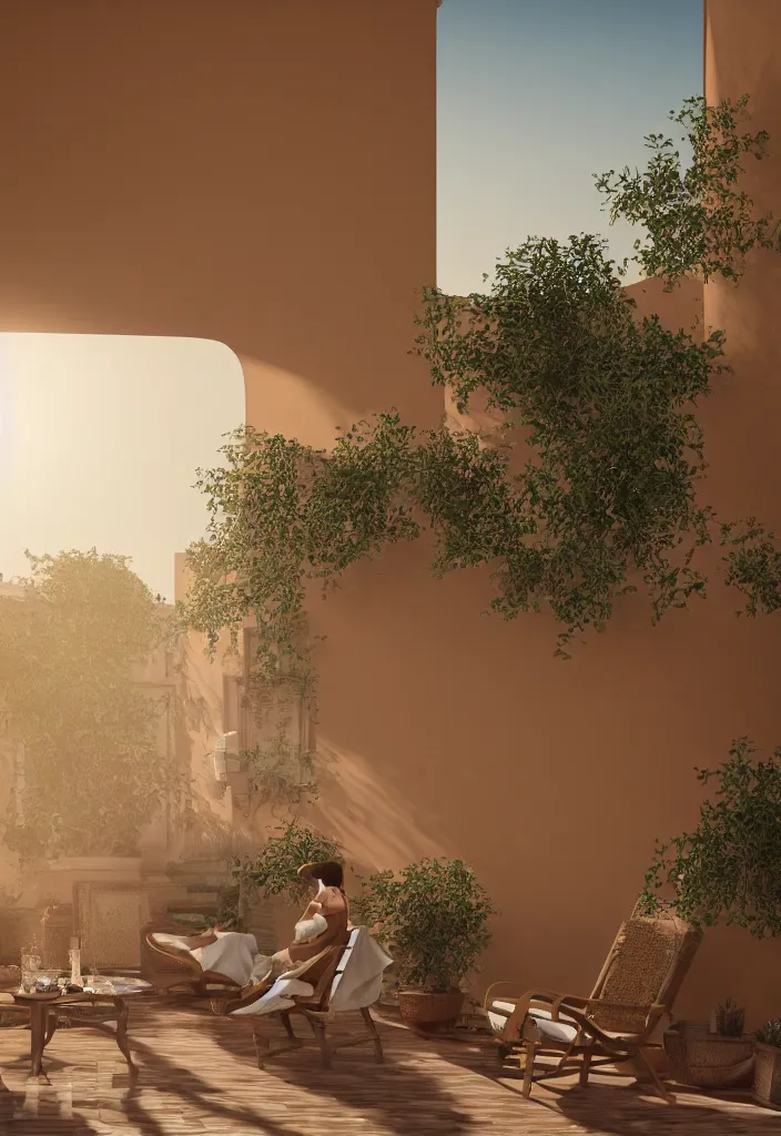 Image similar to italian balcony with a person smoking on a hot weather with desert dunes in the background, realistic, soft natural volumetric lighting, beautifully detailed 4 k octane render, 4 k post processing 8 k