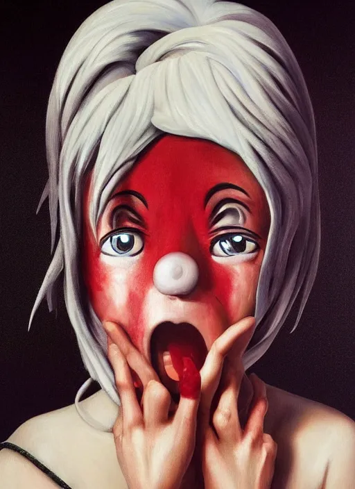 Prompt: a dramatic emotional hyperrealistic pop surrealist oil panting of a sad sobbing kawaii vocaloid figurine caricature with pretty sparkling anime eyes sobbing red in the face ugly crying with tears and snot featured on spitting image by caravaggio made of madballs