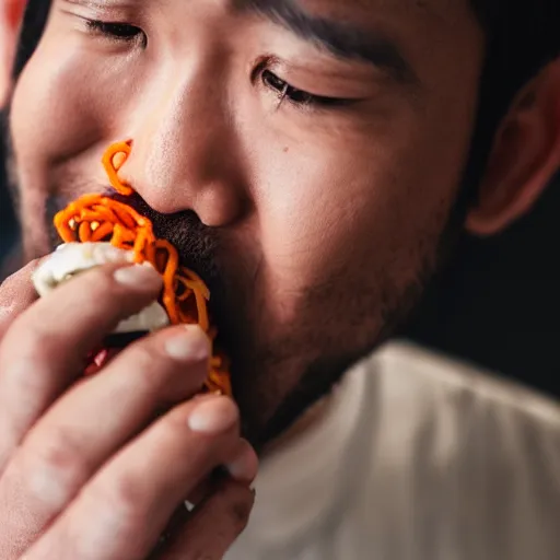 Prompt: a close up picture of a man eating shin ramyun from a cup high detailed, 4 k