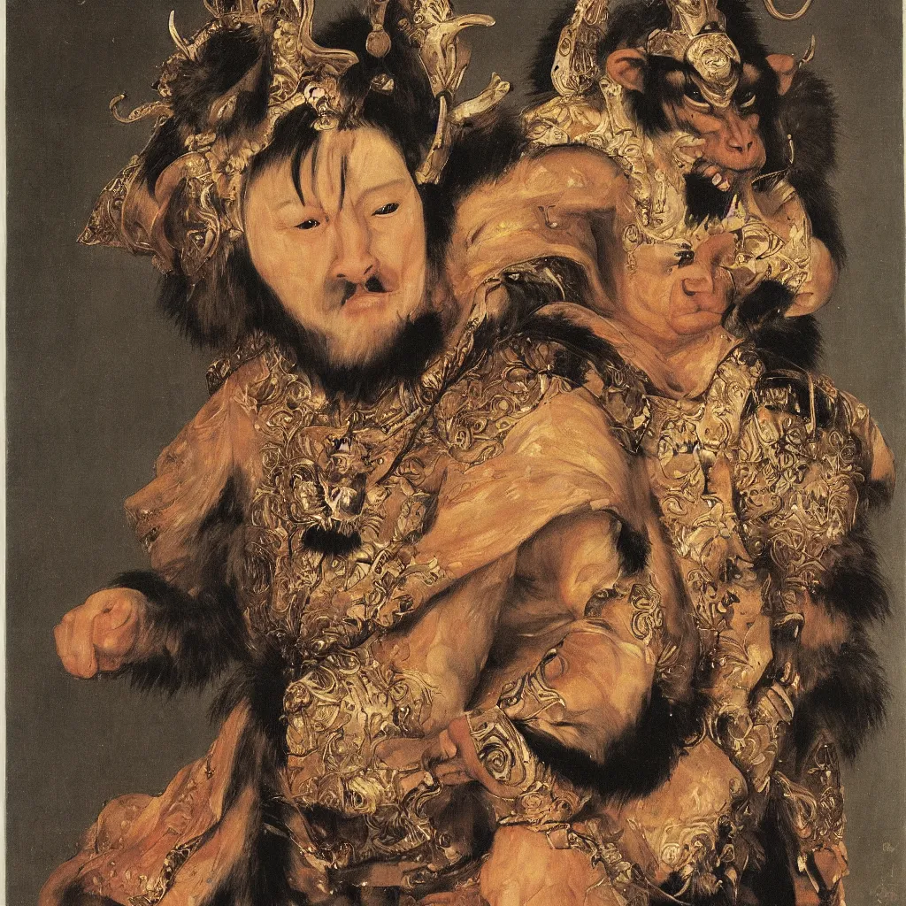 Prompt: portrait of a monkey king of, artwork by velazquez, wearing a donkey ears