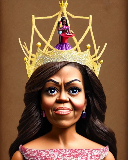 Image similar to closeup profile portrait of a tin toy michelle obama as a fairytale princess wearing a crown and sitting on a throne, bikini, hyper realistic, artstation, illustration, concept art by nicoletta ceccoli, mark ryden, lostfish, max fleischer, digital paint, matte paint, vivid colors, bright, cheerful, detailed and intricate environment