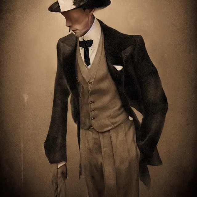 Image similar to photorealistic sepia portrait of a 1 9 2 0 s era male magician, well dressed, long - tailed tuxedo coat, in the style of kai carpenter, atmospheric lighting, dark, brooding, painted, intricate, ultra detailed, well composed, best on artstation, cgsociety, epic, stunning, gorgeous, intricate detail, much wow, masterpiece