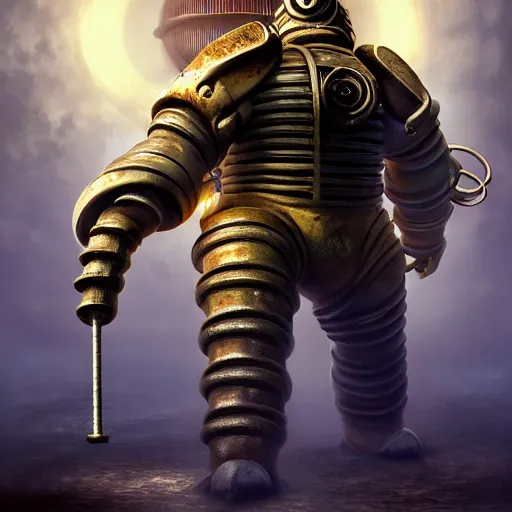 Prompt: big daddy from bioshock, a god, god, ecstatic, infinite power, manic, perfect eyes, full body shot, magical being, magic, portrait, noble, transformation, vivid colors, elegant, concept art, sharp focus, digital art, Hyper-realistic, 4K, Unreal Engine, Highly Detailed, HD, Dramatic Lighting by Brom, trending on Artstation