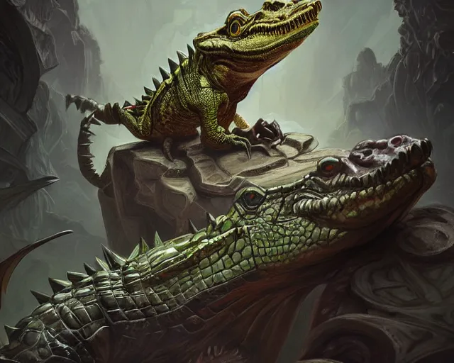 Image similar to forsaken crocodile god, cinematographic shot, deep focus, d & d, fantasy, intricate, elegant, highly detailed, digital painting, artstation, concept art, matte, sharp focus, illustration, hearthstone, magic the gathering, art by wesley burt and artgerm and alphonse mucha