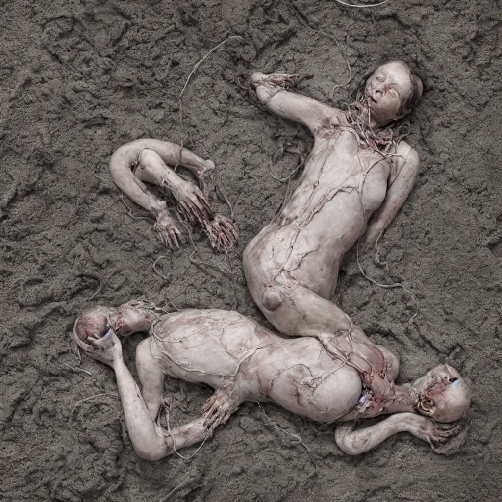 Prompt: overhead view a woman's corpse connected by an umbilical cord to a baby buried under oil slick, faded, depth of field,, ultra realistic, very detailed, by hans bellmer and nadav kander, 8 k hyper realistic detailed cinematic still