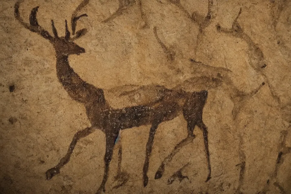 Prompt: a cave painting of a deer and r 2 - d 2. lascaux cave paintings, chauvet