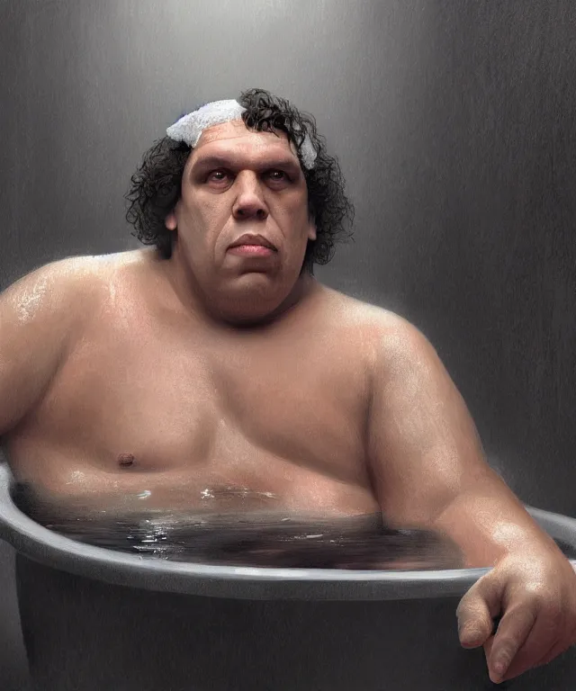 Image similar to andre the giant, cinematic, in a bathtub, holding a rubber ducky, elegant, highly detailed, digital painting, artstation, smooth, hard focus, illustration, art by jessica rossier and and brian froud