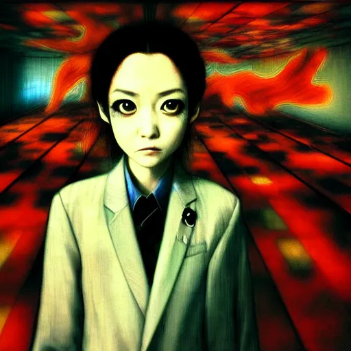 Image similar to yoshitaka amano blurred and dreamy three quarter angle portrait of a girl with white hair and black eyes wearing dress suit with tie, playstation 2 horror game, junji ito abstract patterns in the background, satoshi kon anime, chungking express color palette, noisy film grain effect, highly detailed, renaissance oil painting, weird portrait angle, blurred lost edges