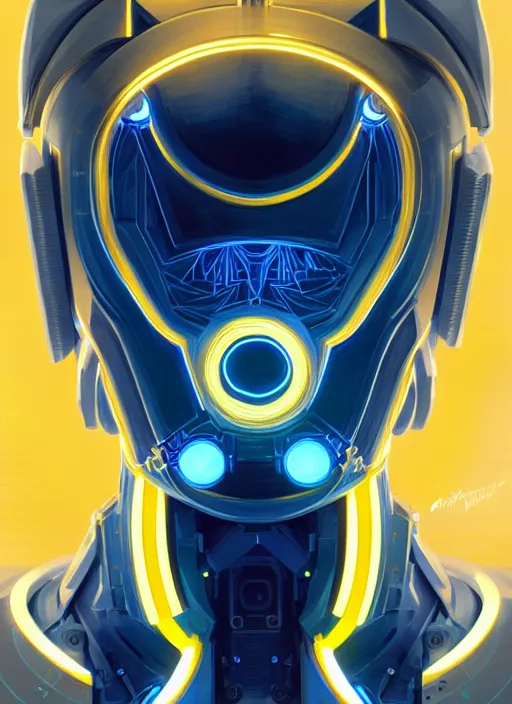 Image similar to symmetry portrait of a robot grinning, sci - fi, tech wear, blue and yellow glowing lights, intricate, elegant, highly detailed, digital painting, artstation, concept art, smooth, sharp focus, illustration, art by artgerm and greg rutkowski and alphonse mucha